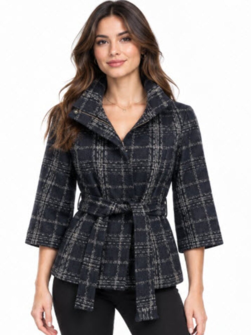 Mossimo Navy Grey Plaid Wool Belted Jacket 3/4 Sleeve Women’s S/M Edgy Chic